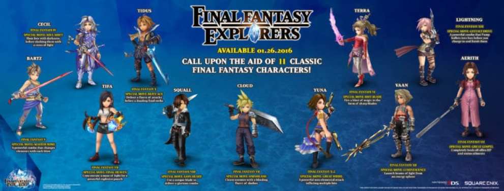 Final Fantasy Explorers, legacy characters, Cloud, Lightning, Squall