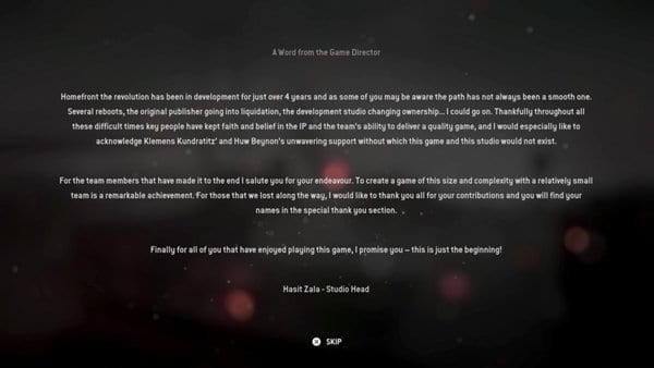 Homefront: The Revolution, Pre-Credits Message, Hasit Zala 