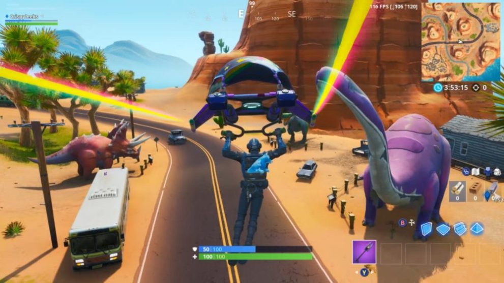 dance between three dinosaurs in fortnite