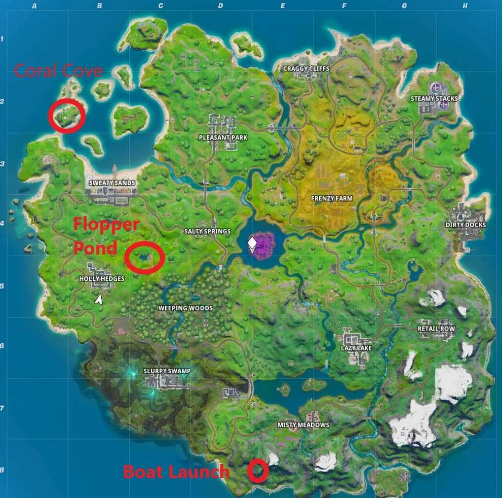 Fortnite Boat Launch location, Fortnite Coral Cove location, Fortnite Flopper pond location