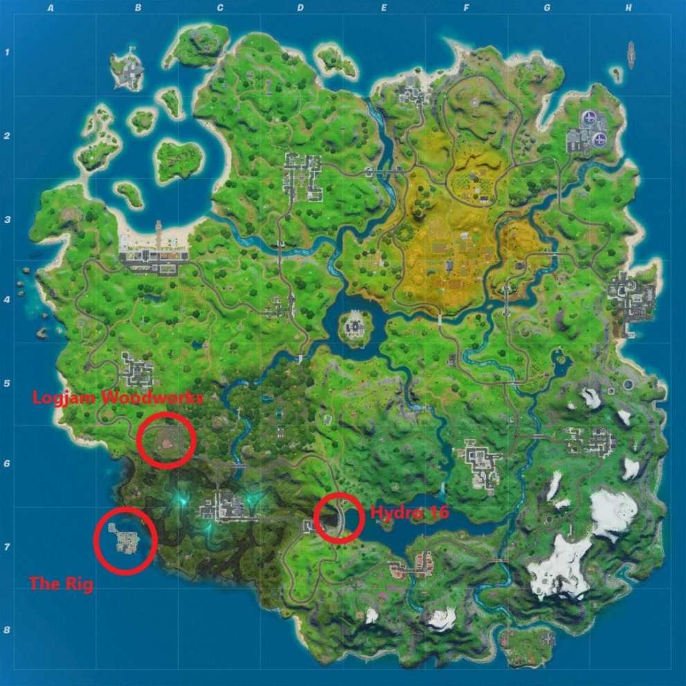 fortnite logjam woodworks location, fortnite the rig location, fortnite hydro 16 location, tntina challenge