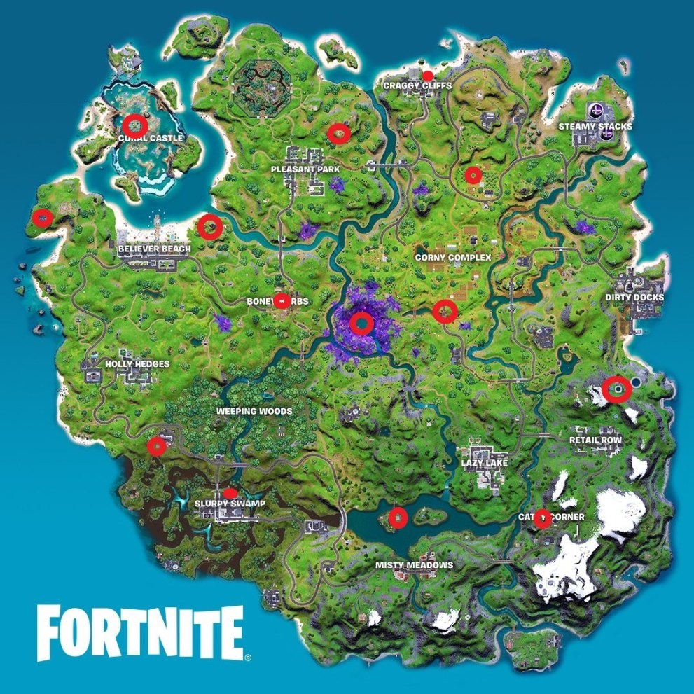 fortnite alien artifact locations map, week 1, week 2, week 3