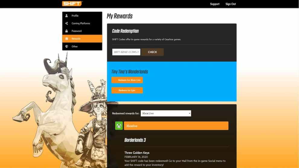redeeming shift codes in tiny tina's wonderlands