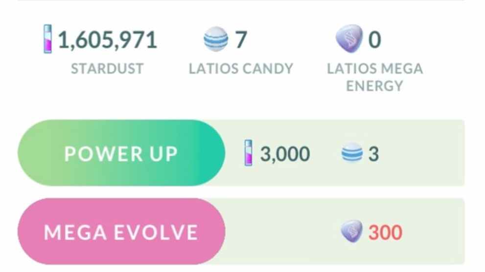 The amount of mega energy to mega evolve mega Latios is 300