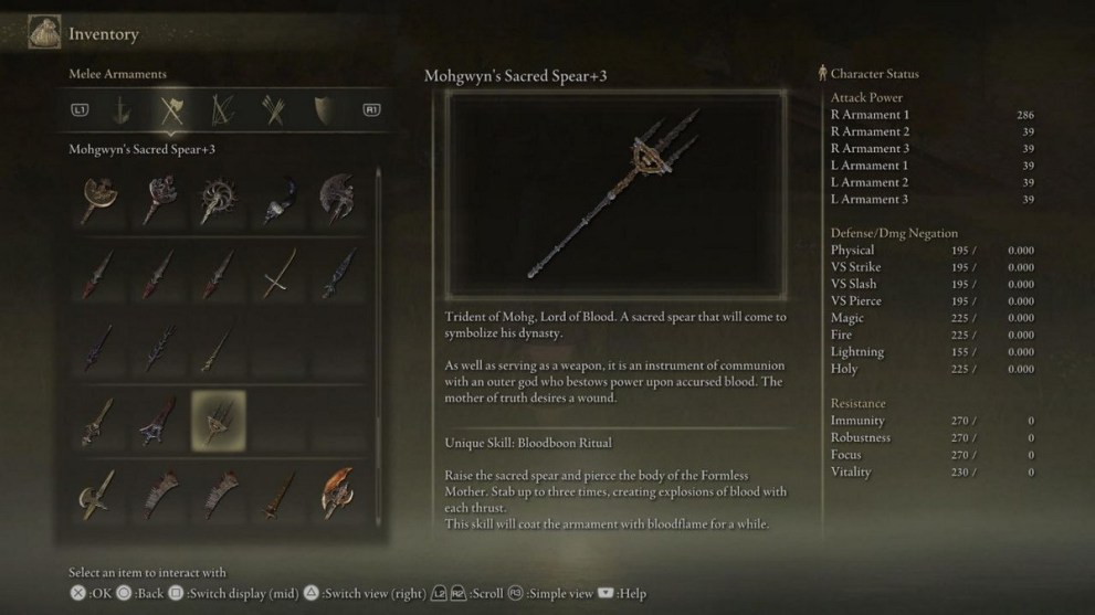 Mohgwyn's Sacred Spear Stats