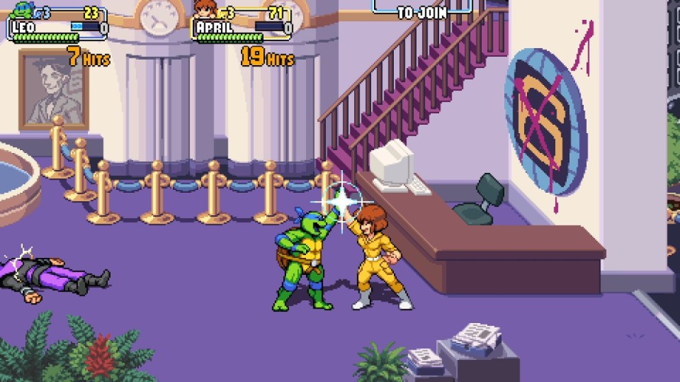 Leo and April high five TMNT: Shredder's Revenge 