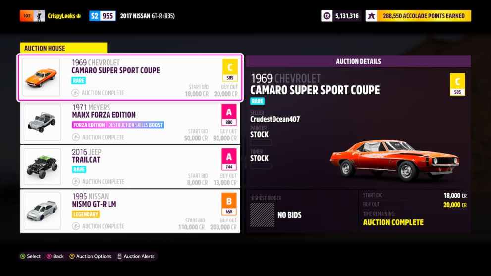 buying cars from the auction house in forza horizon 5