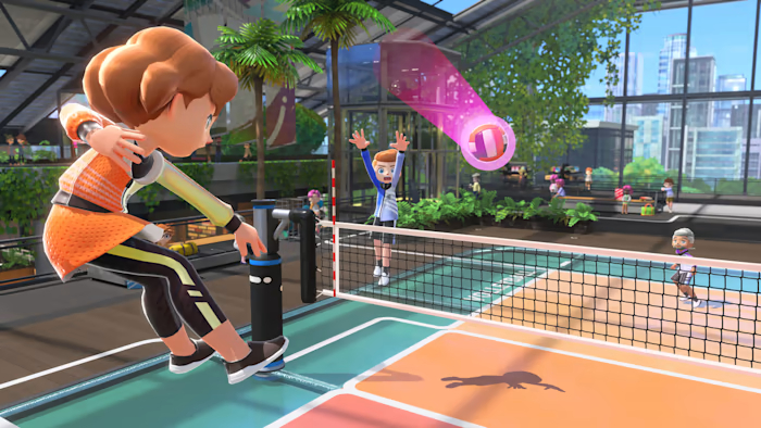 nintendo switch sports screenshot of a character spiking a volleyball across a net to two other players