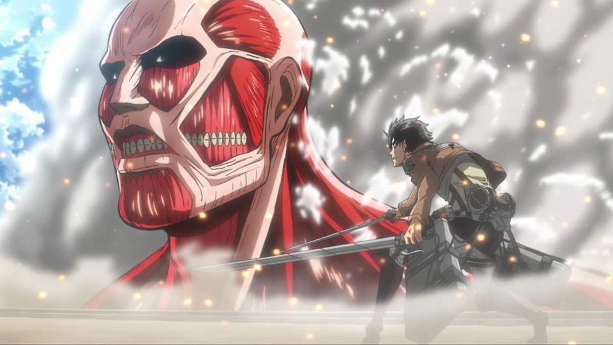 eren Yeager and the Colossal Titan on Attack On Titan