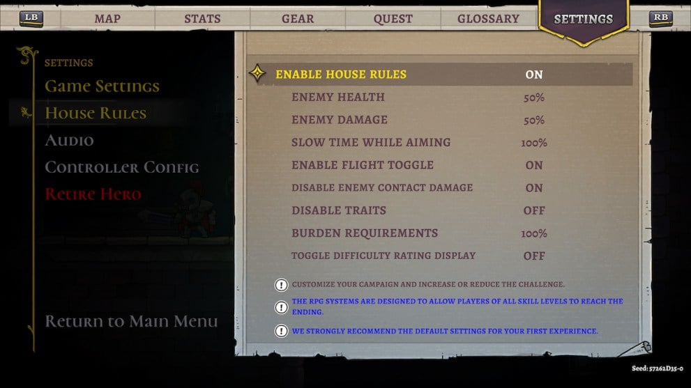 Rogue Legacy 2 House Rules Menu