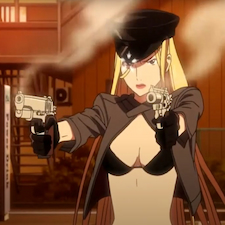 Bishamon after just shooting her two hand guns