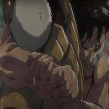 Eren holds onto Reiner around the neck in Titan Form