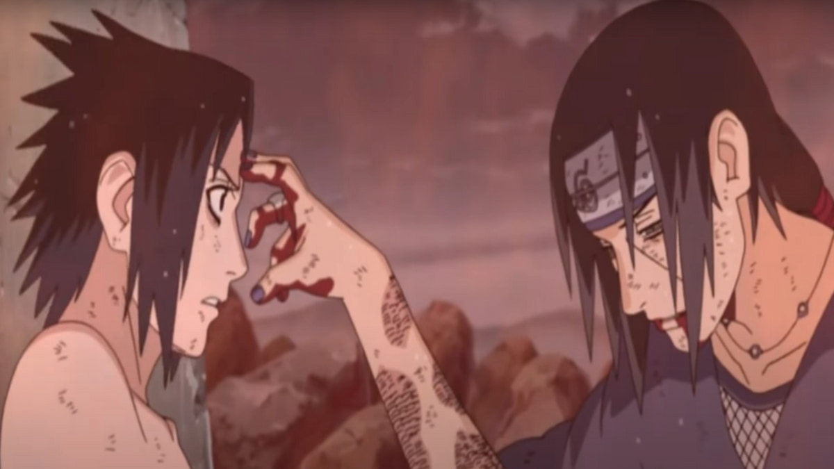 Itachi uses Tsukuyomi on Sasuke and touches his forehead