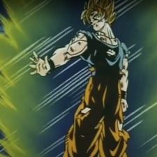 Goku in his super saiyan form holding out hand