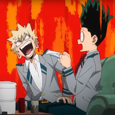 Katsuki shouting at Deku and making his hair fly up