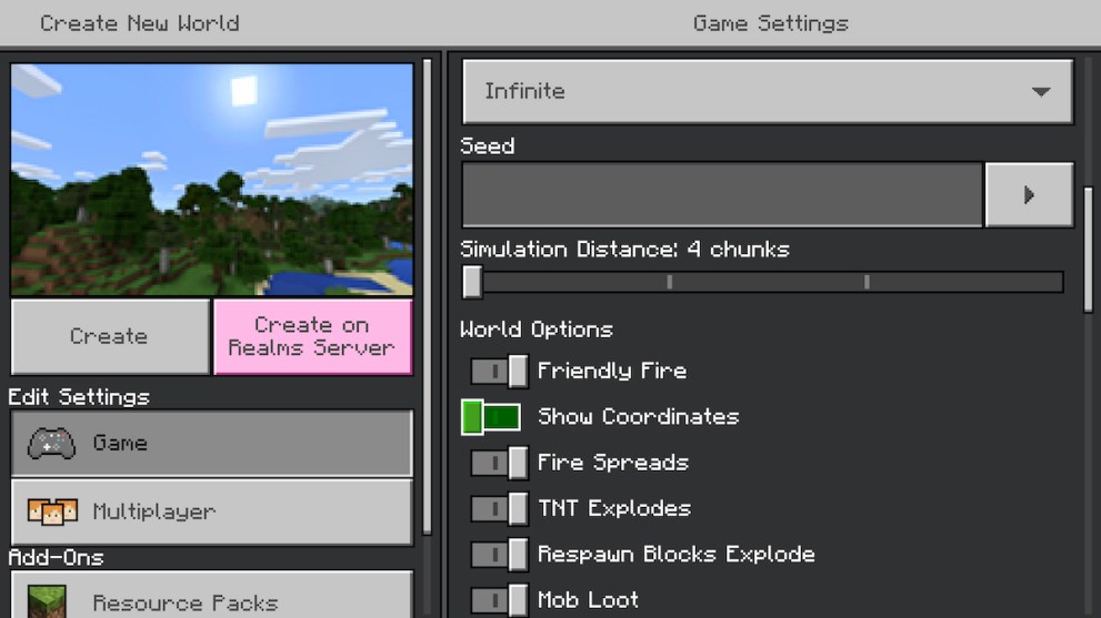 Toggle Show Coordinates in World Creation Menu