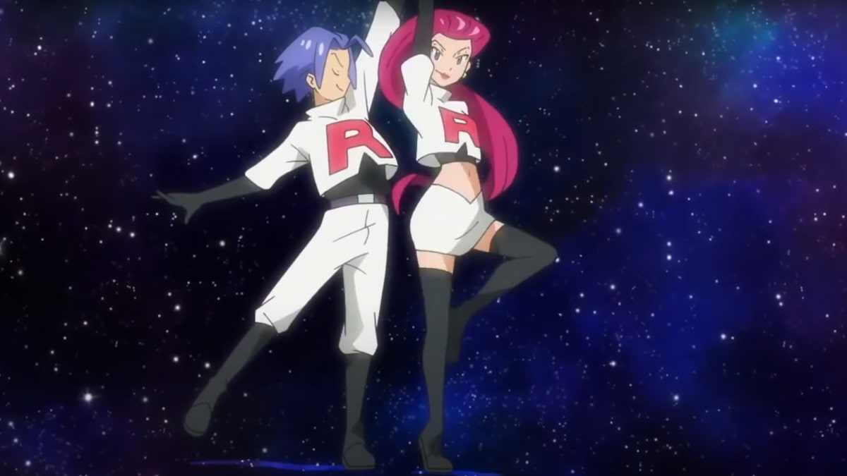 Team Rocket dancing in their classic uniform.