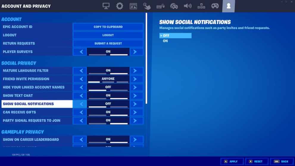 show social notifications setting in Fortnite menus