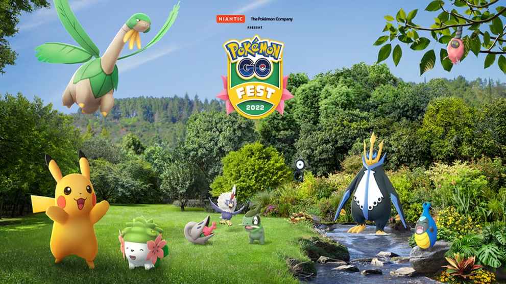 pokemon go fest logo with tropius, pikachu, shaymin, shelmet, rufflet, axew, empoleon, karrablast, and burmy