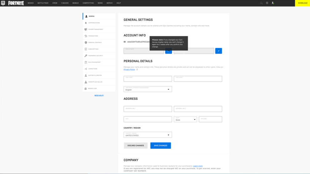 fortnite epic games account general settings