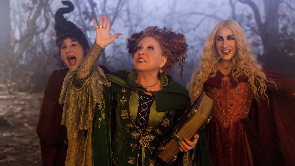 Kathy Najimy as Mary Sanderson, Bette Midler as Winifred Sanderson, and Sarah Jessica Parker as Sarah Sanderson in Disney's live-action HOCUS POCUS 2, exclusively on Disney+. Photo by Matt Kennedy. © 2022 Disney Enterprises, Inc. All Rights Reserved.