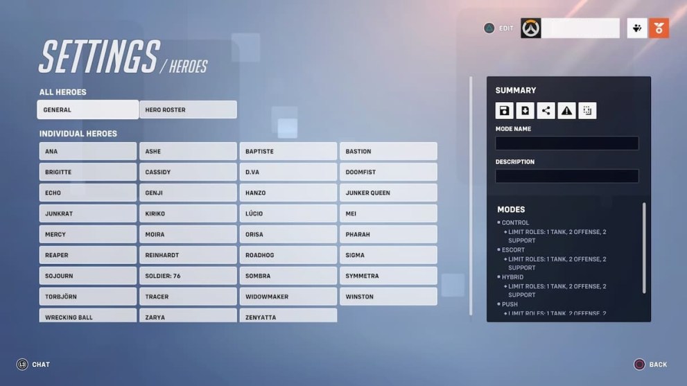 Hero settings in Overwatch 2 custom games