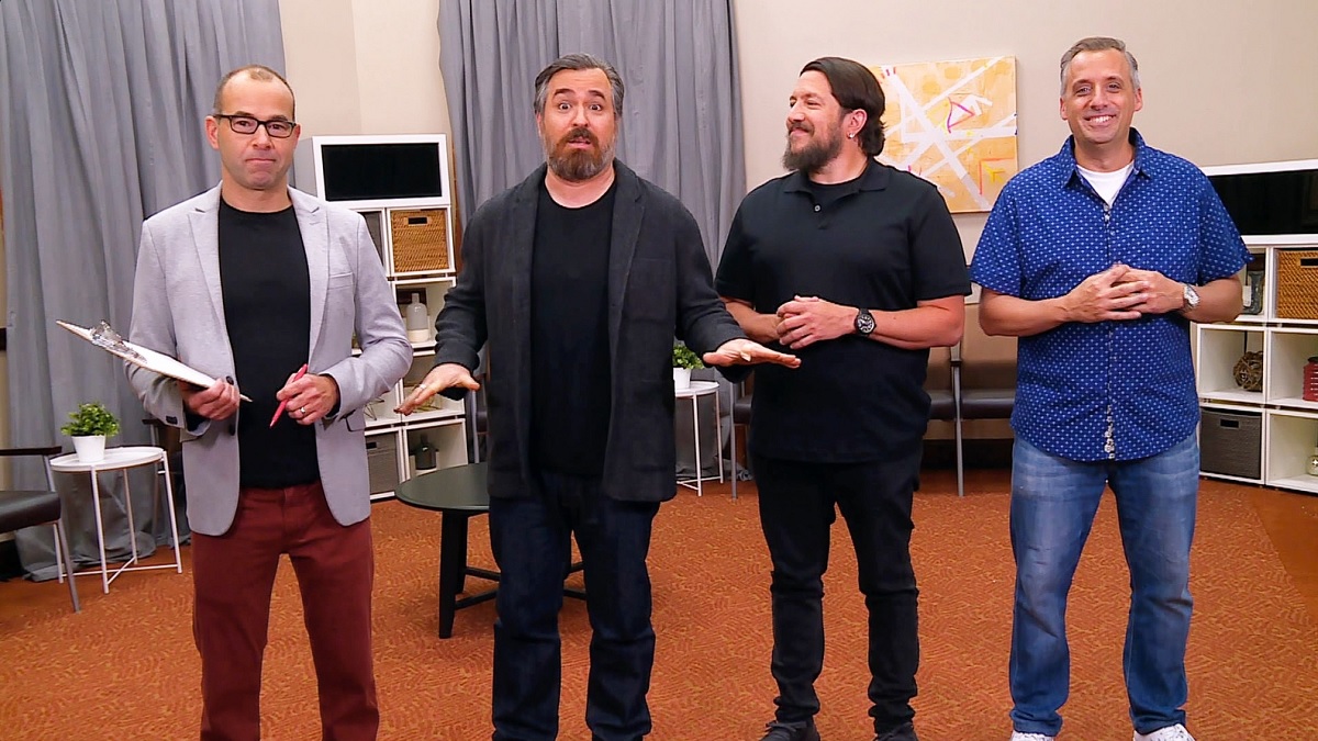 Sal Vulcano, James Murray, Brian Quinn, and Joe Gatto on the set of Impractical Jokers