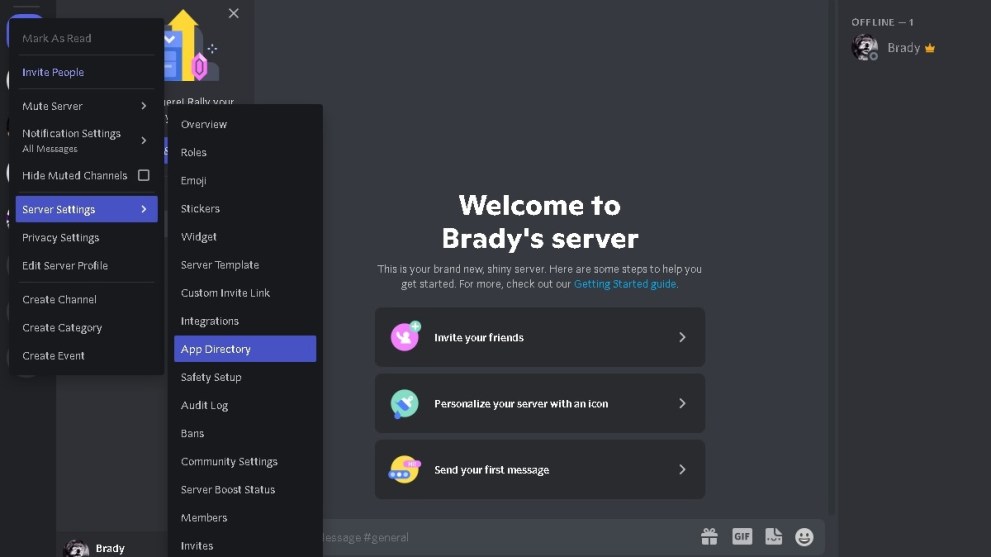 App Directory menu option in Discord