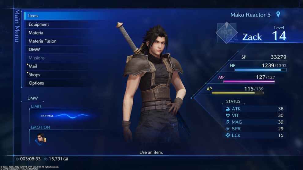 character menu in crisis core reunion