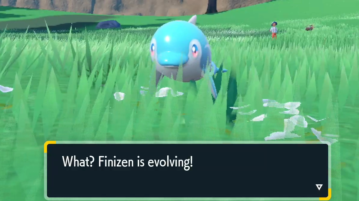 Finizen evolving into Palafin in Pokemon Scarlet and violet.