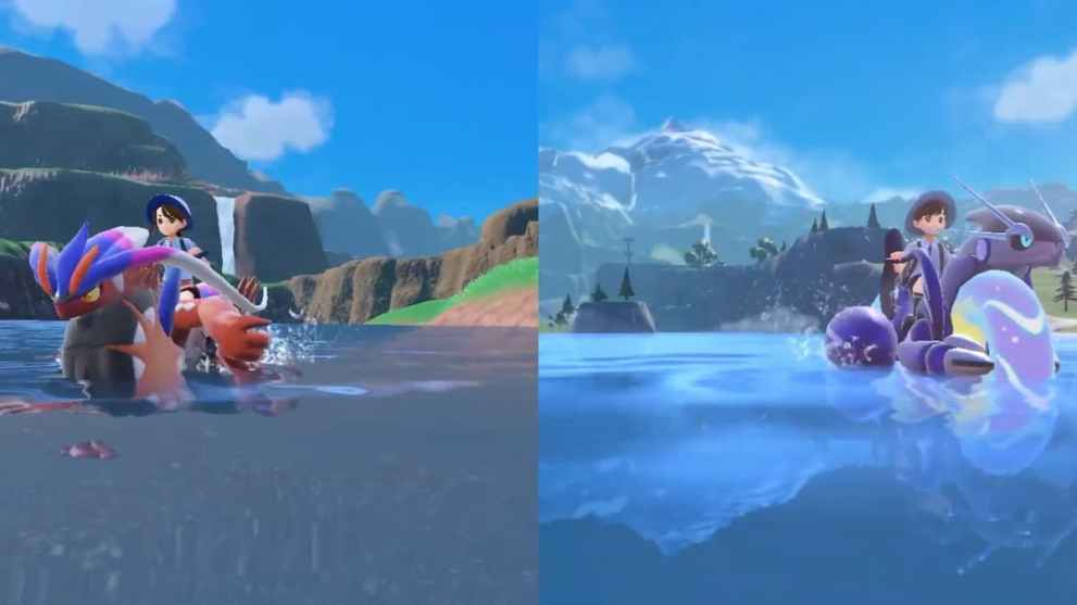 Koraidon and Miraidon surfing in Pokemon Scarlet and Violet. 