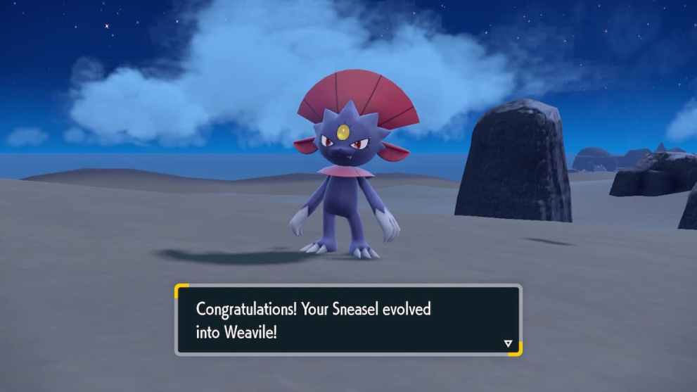 A newly evolved Weavile in Pokemon Scarlet and Violet. 