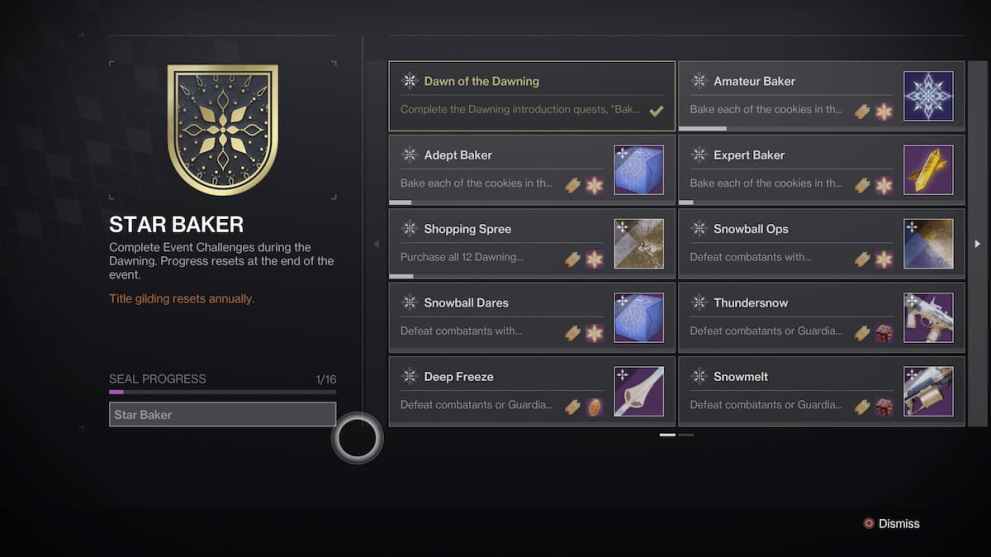 Destiny 2, Star Baker Triumphs menu