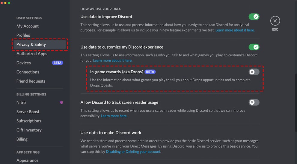 Discord Drops Setting