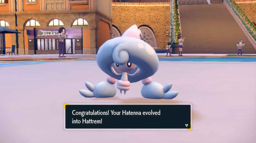 A newly evolved Hattrem in Pokemon Scarlet and Violet. 