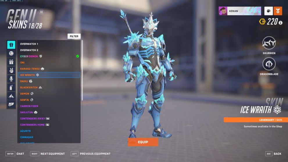 Genji's Ice Wraith skin in Overwatch