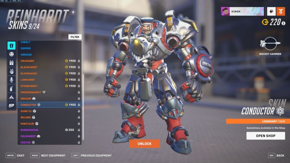 Reinhardt's conductor skin in Overwatch 2.