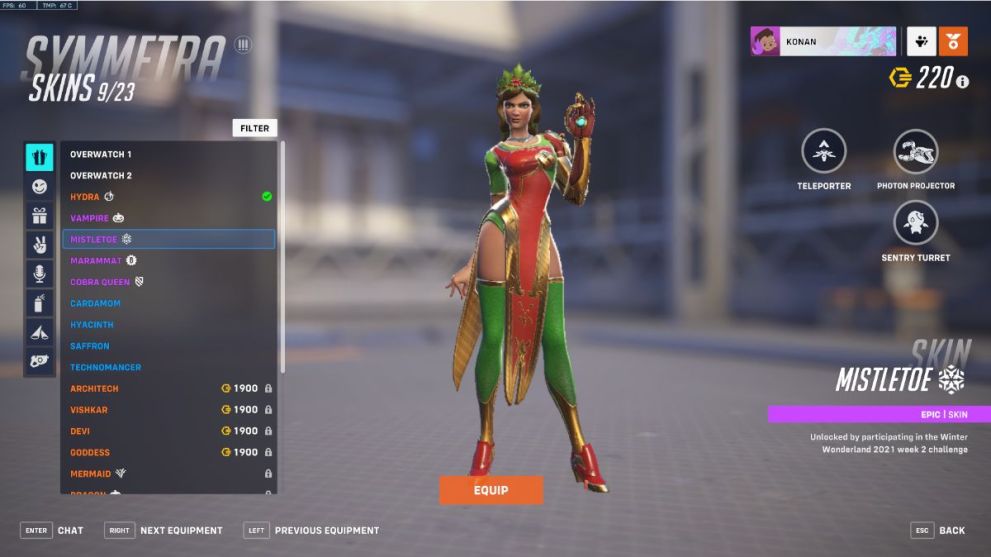 Symmetra's Mistletoe skin in Overwatch