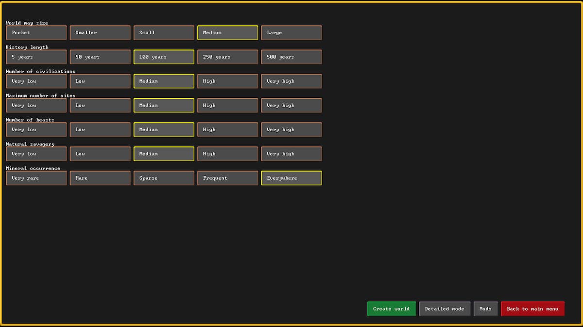 Dwarf Fortress Worldgen Settings