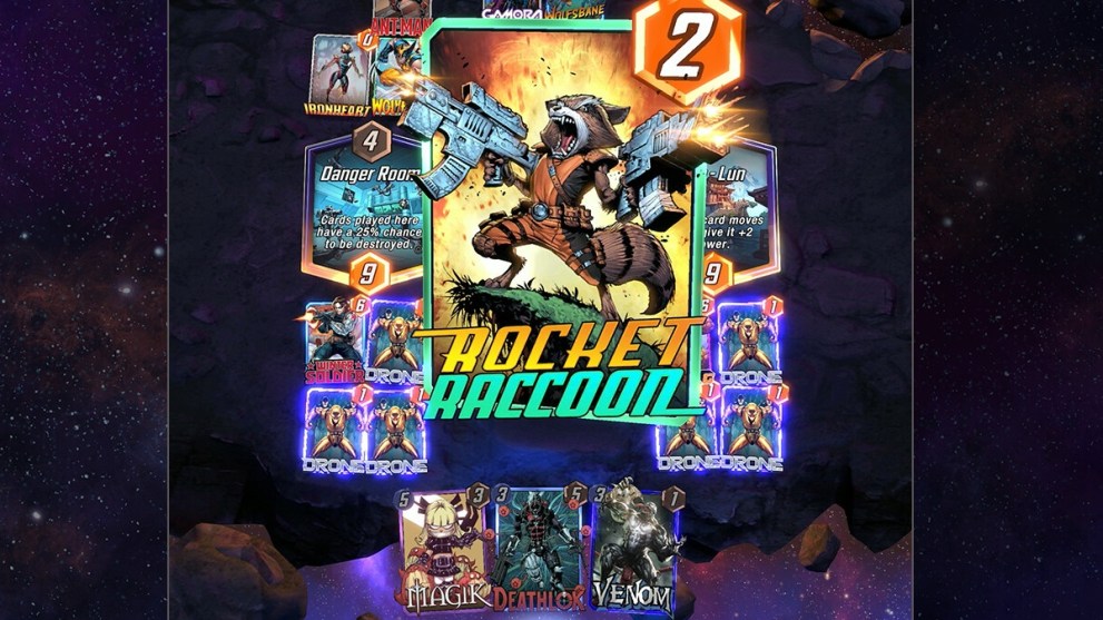 Rocket Cartoon being played in a Marvel Snap card battle.