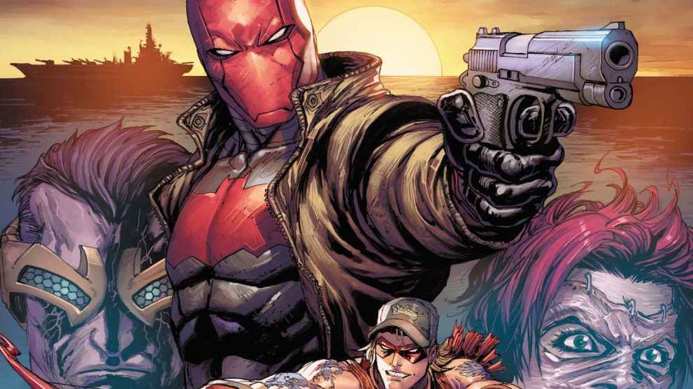 Jason Todd as Red Hood posing with gun prominently with other faces in background