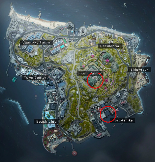 Warzone 2 Ashika Island map with Tsuki Castle and Port circled