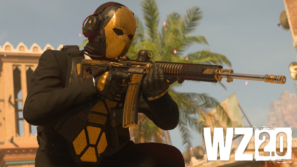 MW2 character in gold skin with AR next to Warzone 2 logo