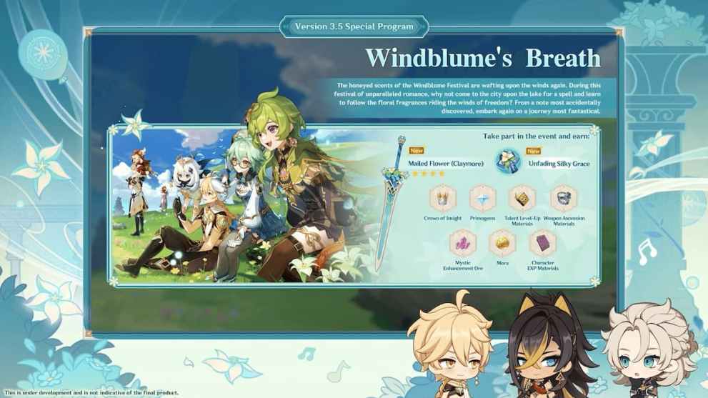 Genshin Impact Windblume's Breath Event Rewards include free Primogems, a new 4-star Claymore, the Mailed Flower and other materials.