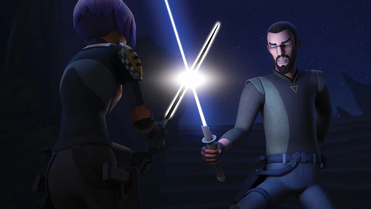 Sabine Wren uses the Darksaber to duel with Kanan Jarrus