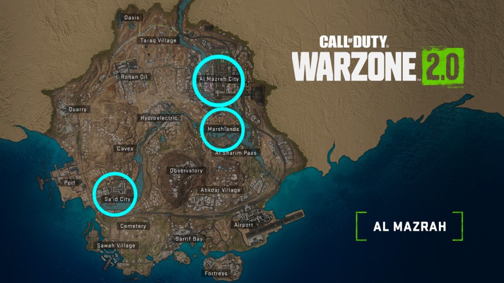 Al Mazrah map in Warzone 2 with Police Station locations circled 