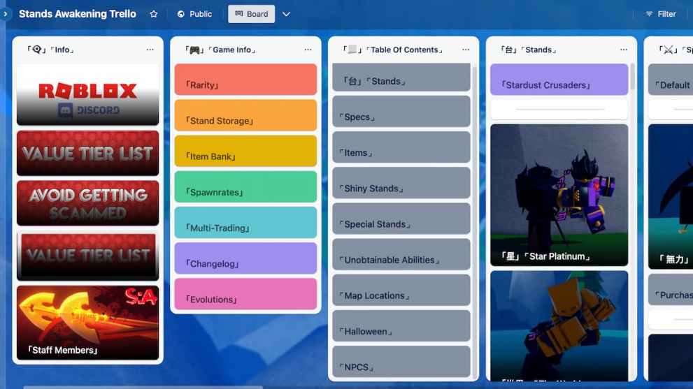 Roblox Stands Awakening Trello board