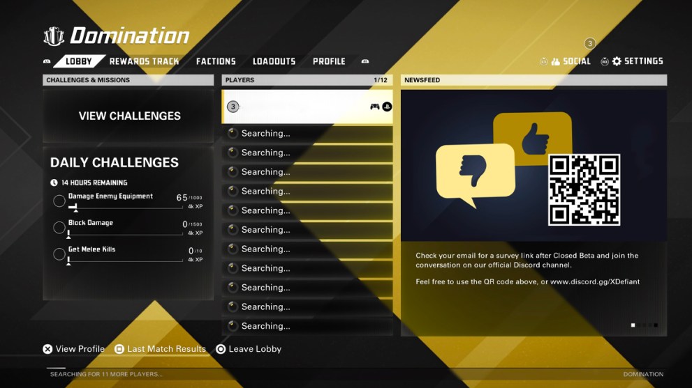 Image of XDefiant Lobby searching for a game