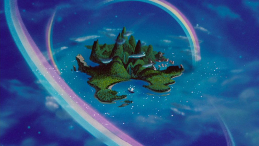 Rainbows surrounding Neverland in Peter Pan.