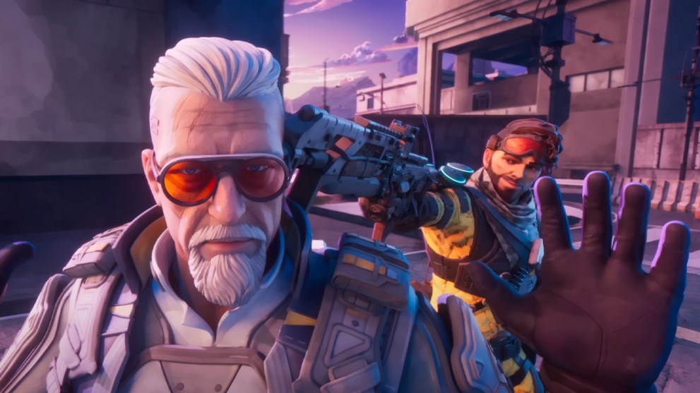 Ballistic in Apex Legends with Mirage holding a gun to his head